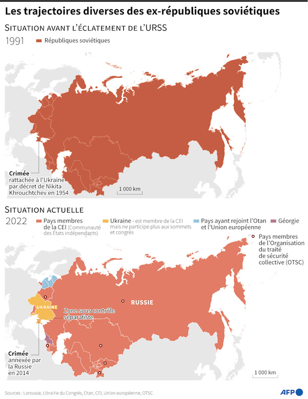 Cartes comparant la composition de l'Union soviétique avant son éclatement en 1991 et la situation géopolitique actuelle de chaque ex-république soviétique (AFP)