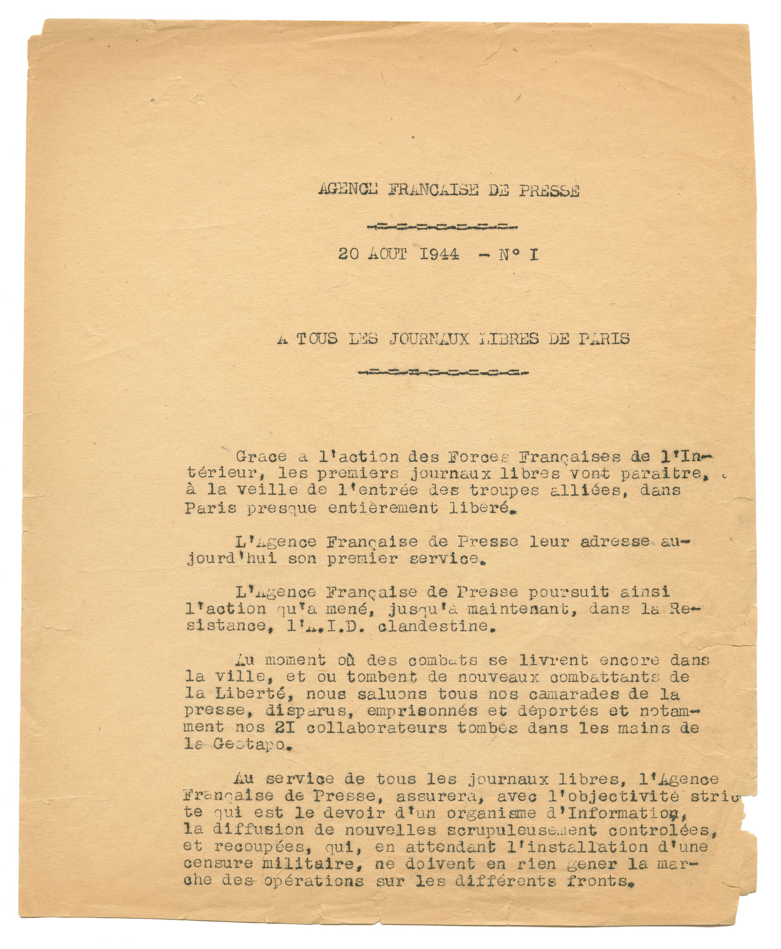  Reproduction du premier bulletin d’information envoyé par l’Agence Française de Presse (bientôt devenue Agence France-Presse) adressé "à tous les journaux libres de Paris" le 20 août 1944. (Photo AFP)