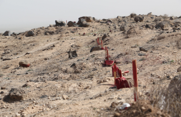 Marqueurs de déminage près de Chaddadi en Syrie. (Ali Ali) 