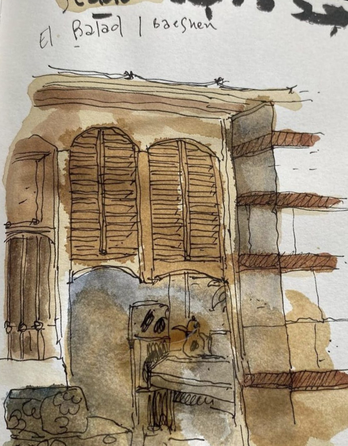 La vieille ville de Jeddah, dessin de Joel Alessandra. L'artiste est connu pour son utilisation innovante du café et de l'aquarelle dans ses dessins (fournie)