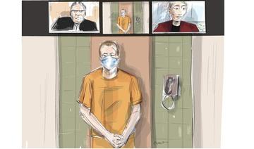 Croquis de l'artiste de la salle d'audience, Nathaniel Veltman fait une comparution virtuelle devant un tribunal en Ontario. Le tribunal a ajourné l'affaire Veltman, accusé d'avoir délibérément écrasé et tué une famille musulmane de quatre personnes (Photo, PA)