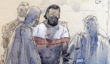 Ce croquis d'audience réalisé le 9 septembre 2021 montre Salah Abdeslam, le principal suspect des attentats de Paris du 13 novembre 2015, et le coaccusé Mohamed Abrini (à gauche) au deuxième jour du procès de la prise des attentats de Paris de novembre 2015 (Photo, AFP)