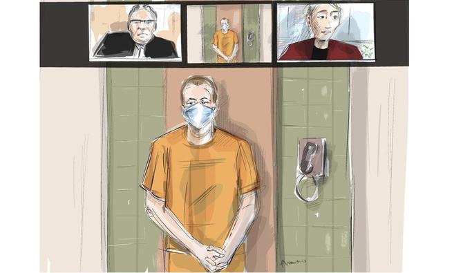 Croquis de l'artiste de la salle d'audience, Nathaniel Veltman fait une comparution virtuelle devant un tribunal en Ontario. Le tribunal a ajourné l'affaire Veltman, accusé d'avoir délibérément écrasé et tué une famille musulmane de quatre personnes (Photo, PA)