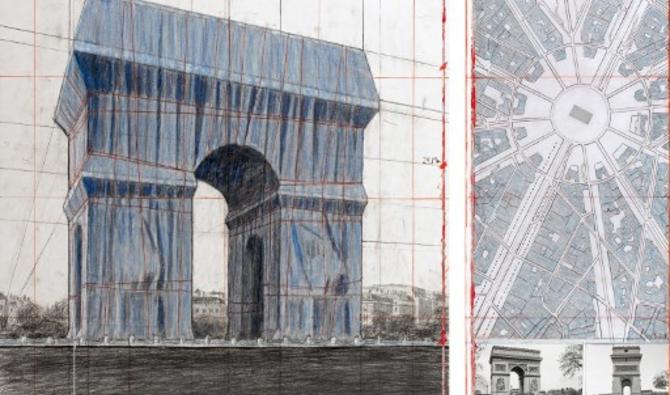 Une photo diffusée le 3 avril 2019 par le bureau de presse Christo et Jeanne-Claude - 2018 Christo, montre les dessins et collages préparatoires de l'artiste américain Christo Vladimiroff Javacheff, de l'installation artistique "L'Arc de Triomphe Enveloppé", à Paris. (André Grossmann/Christo et Jeanne-Claude - 2019 Christo/AFP)