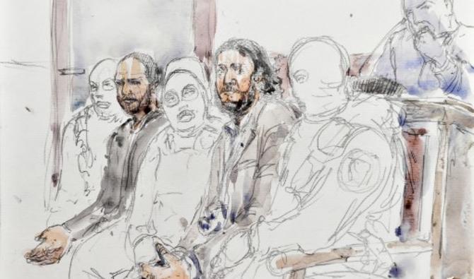 Un croquis de la salle d'audience réalisé le 5 février 2018 montre le principal suspect des attentats de Paris de novembre 2015 Salah Abdeslam (Photo, AFP)