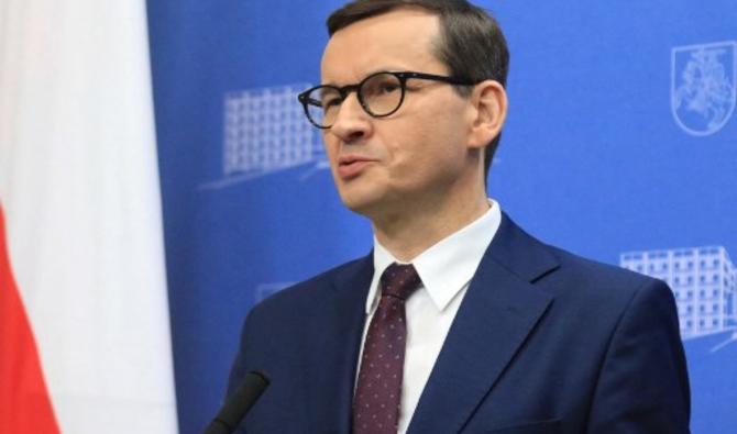 Le Premier ministre polonais Mateusz Morawiecki lors d'une conférence de presse conjointe avec le Premier ministre lituanien sur leur réunion sur la crise des migrants à la frontière polono-biélorusse, à Vilnius le 21 novembre 2021. (Photo, AFP)