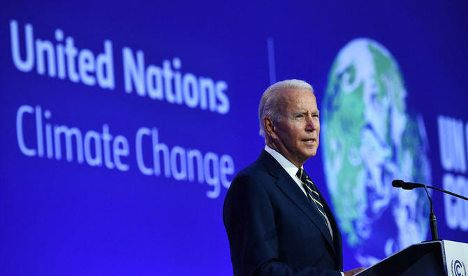 Le président américain, Joe Biden, prononçant un discours lors de la cérémonie d’ouverture de la conférence des Nations unies sur les changements climatiques (COP26) à Glasgow, en Écosse, le 1er novembre 2021. (Photo, AFP) 