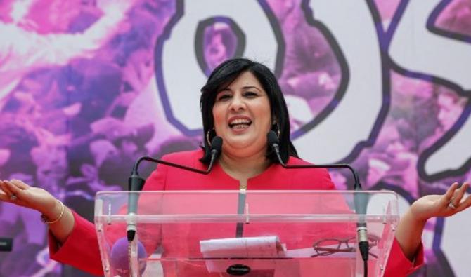 Abir Moussi, leader tunisien du Parti libre destourien (PDL), prononce un discours lors d'un rassemblement dans la ville côtière de Sfax, le 20 mars 2021. (Photo, AFP)