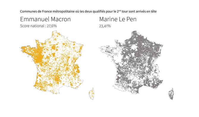 Cartes de France métropolitaine montrant les communes où Emmanuel Macron et Marine Le Pen sont arrivés en tête au premier tour de la présidentielle en 2017 et en 2022, résultats officiels au 11 avril à 04h30. (Graphique, AFP)