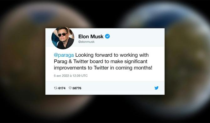Tweet animé publié sur le compte de Elon Musk, indiquant: «Hâte de travailler avec Parag & le conseil d'administration de Twitter pour apporter des améliorations significatives à Twitter dans les mois à venir!». (Photo, AFP)
