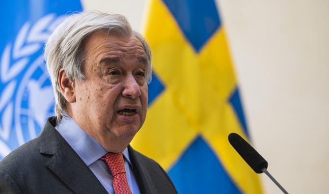 Le secrétaire général de l'ONU, Antonio Guterres, donne une conférence de presse avec le Premier ministre suédois à la résidence du Premier ministre à Stockholm, le 1er juin 2022. (Photo, AFP)