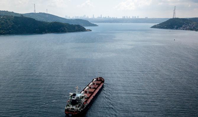 Une vue aérienne montre le cargo Razoni battant pavillon de la Sierra Leone naviguant vers Tripoli, au Liban, le long du détroit du Bosphore le 3 août 2022, après avoir été officiellement inspecté. (Photo, AFP)