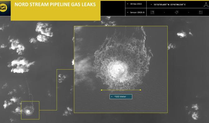 Un rapport de renseignement illustrant un rejet de gaz émanant d'une fuite sur le gazoduc Nord Stream 1, dans la zone économique suédoise de la mer Baltique, le 30 septembre 2022. (Photo, ImageSat International, AFP)