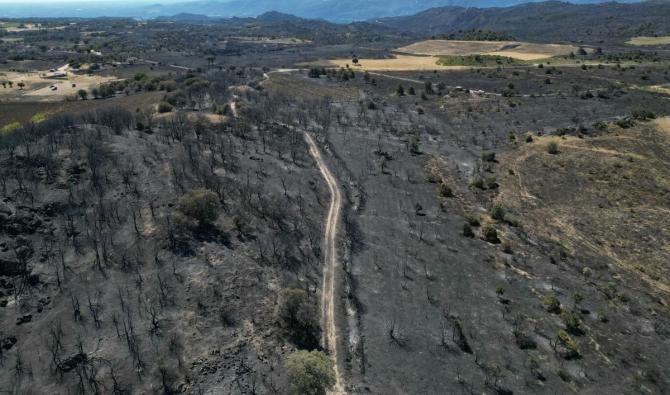 Cette photographie aérienne montre une zone brûlée alors qu'un incendie de forêt fait rage dans le département des Pyrénées-Orientales, dans le sud de la France, près de la commune de Montalba-le-Château, aux alentours de Perpignan, le 7 juillet 2026. Photo d'illustration. (AFP)